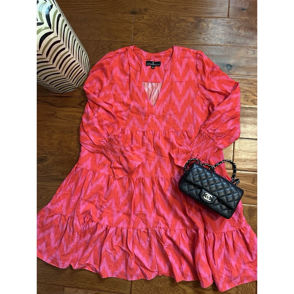 POMANDER PLACE Dress L Hot Pink Kenzo Ikat Print V-neck Tiered Long Sleeve